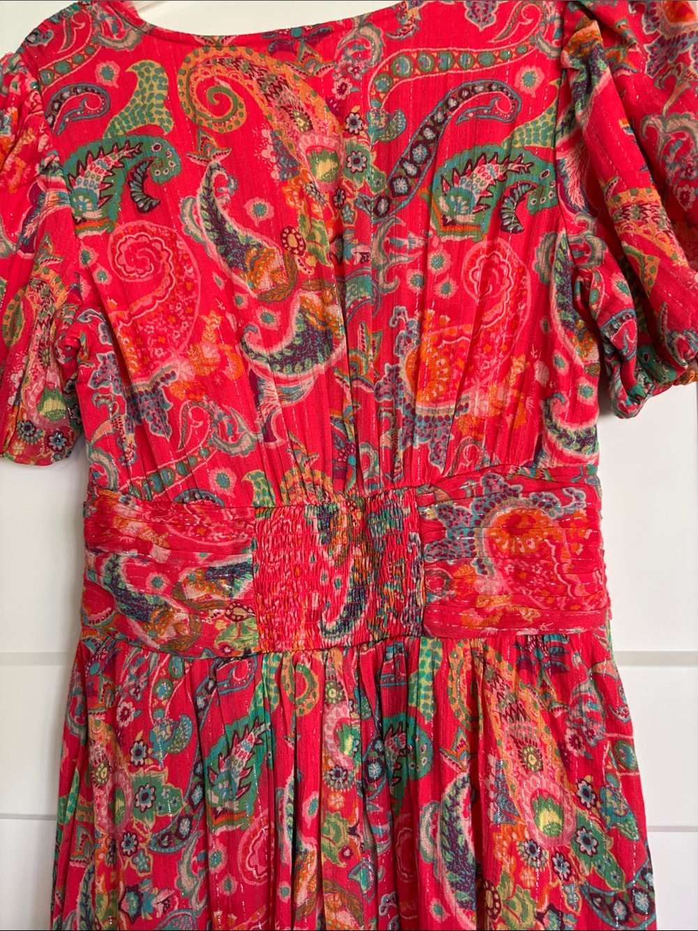 Anthropologie Red Paisley Maxi Dress with Puff Sleeves - Picture 4 of 6
